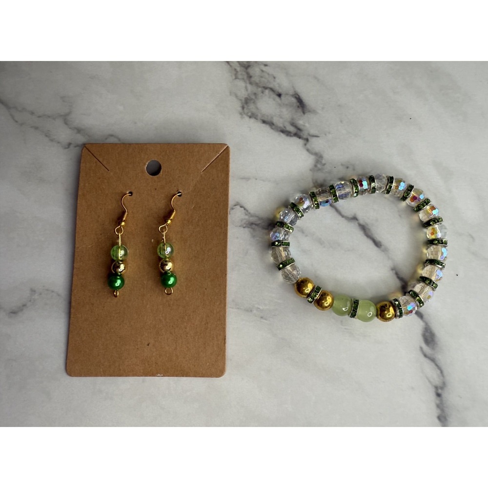 handmade beaded dangle earrings and‎ bracelet green and gold tones